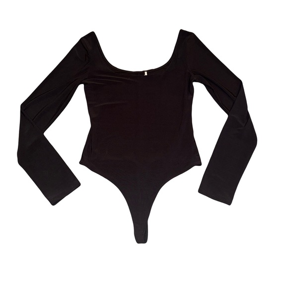 Leith Long Sleeve Double Scoop Neck Thong Black Bodysuit Small Like New - Picture 4 of 7